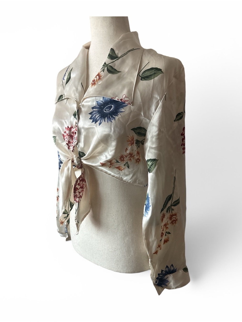 Vintage Tie-Front Satin Floral Blouse - Cream with Blue & Green Print - Picture 2 of 6